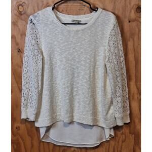 Lucky Brand Sweater Women's Large Cream Crochet Split Back Sheer Minimalist